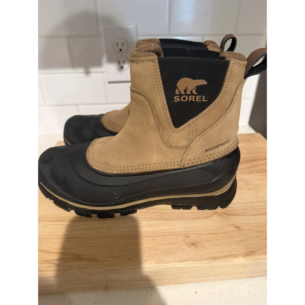 Sorel Buxton Mens Winter Boots Sz 8 Tan Black Suede Leather Waterproof Pull On - Picture 4 of 16